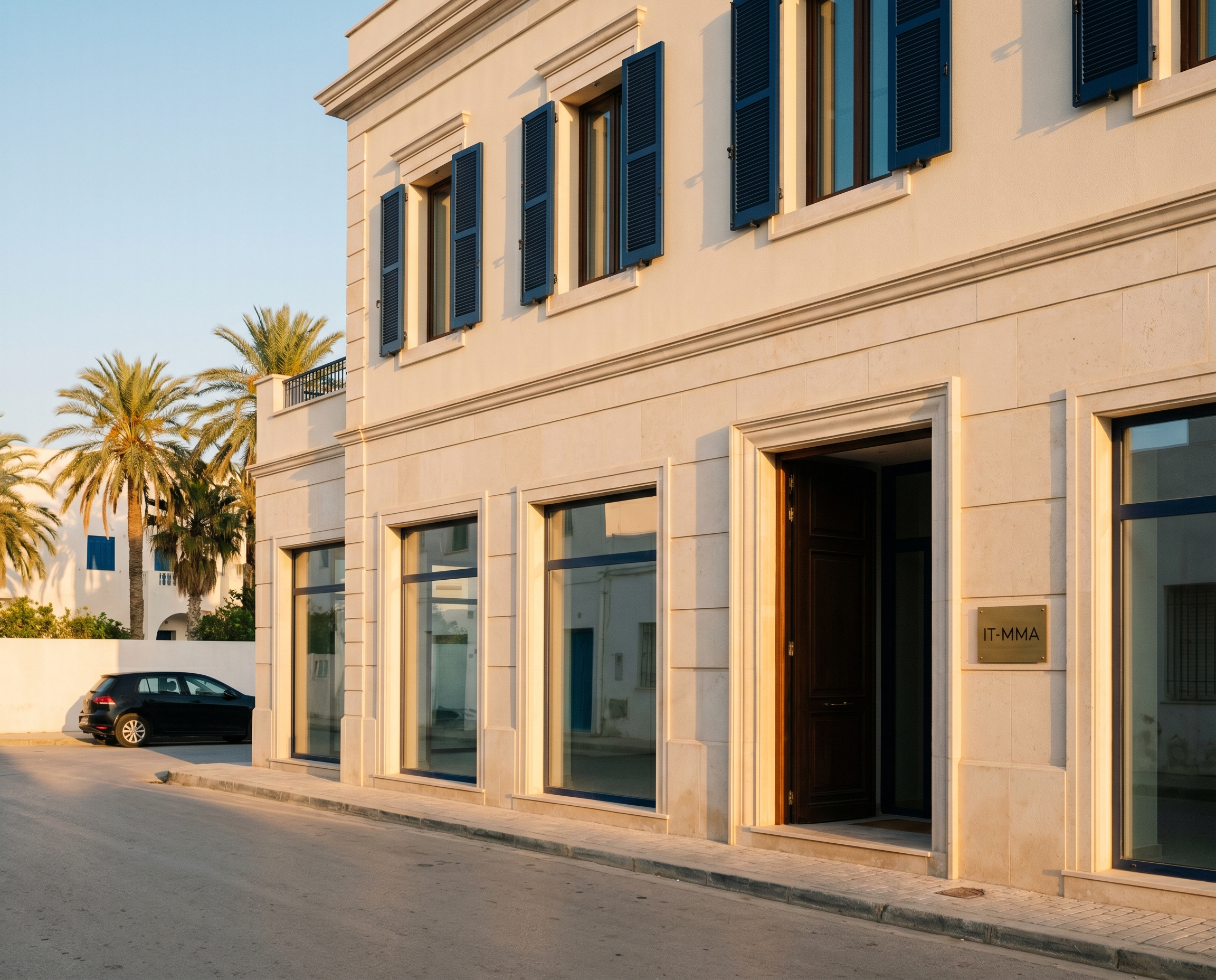 Bureaux IT-MMA · Rue Tabarka, 7000 Bizerte — façade au coucher du soleil