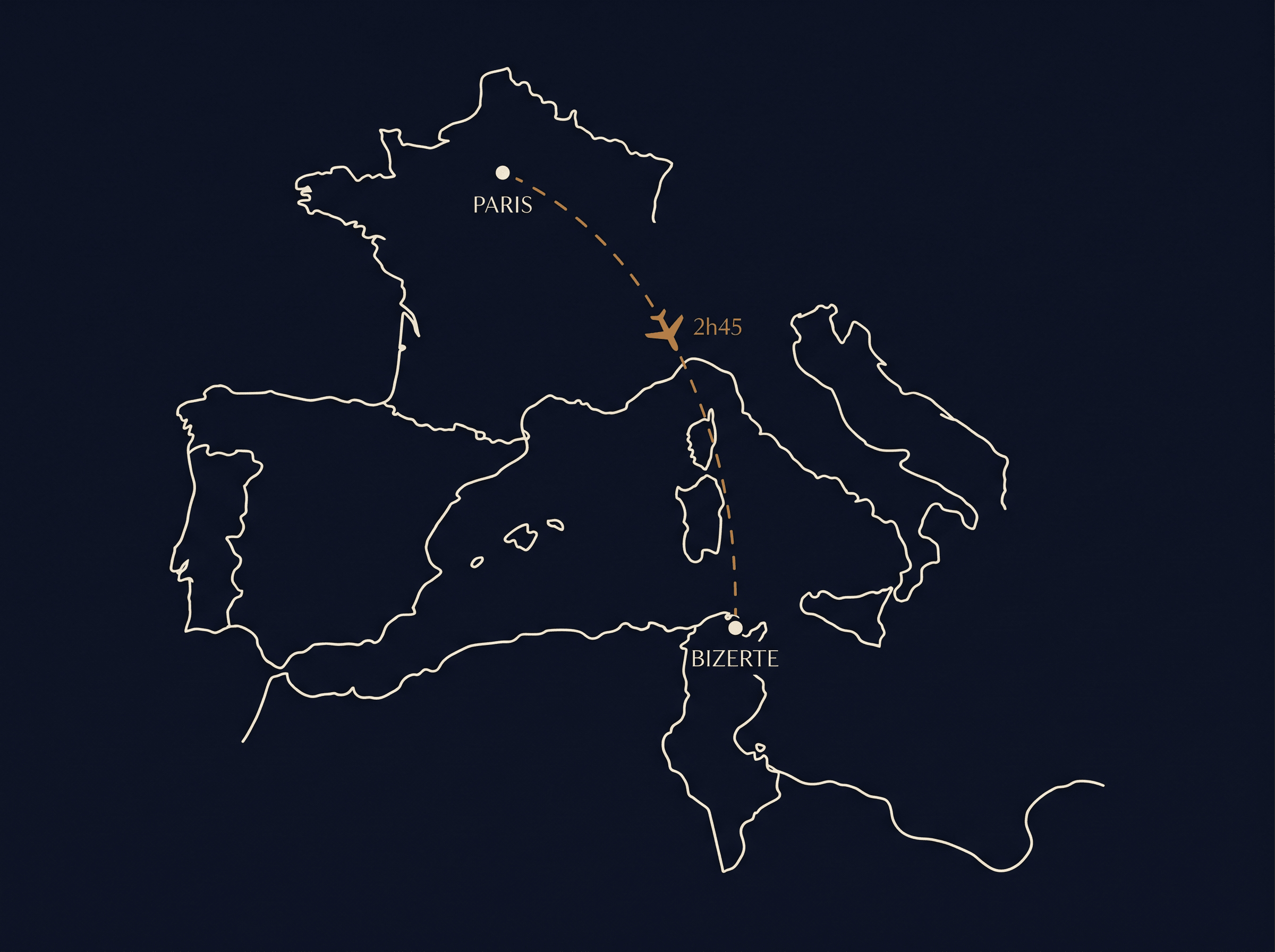 Carte du bassin méditerranéen — Paris à Bizerte en 2h45 de vol direct